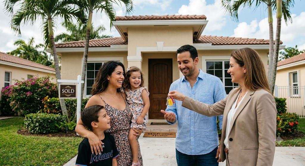 Familia hispana recibiendo las llaves de su primera casa comprada con un préstamo ITIN en el sur de Florida