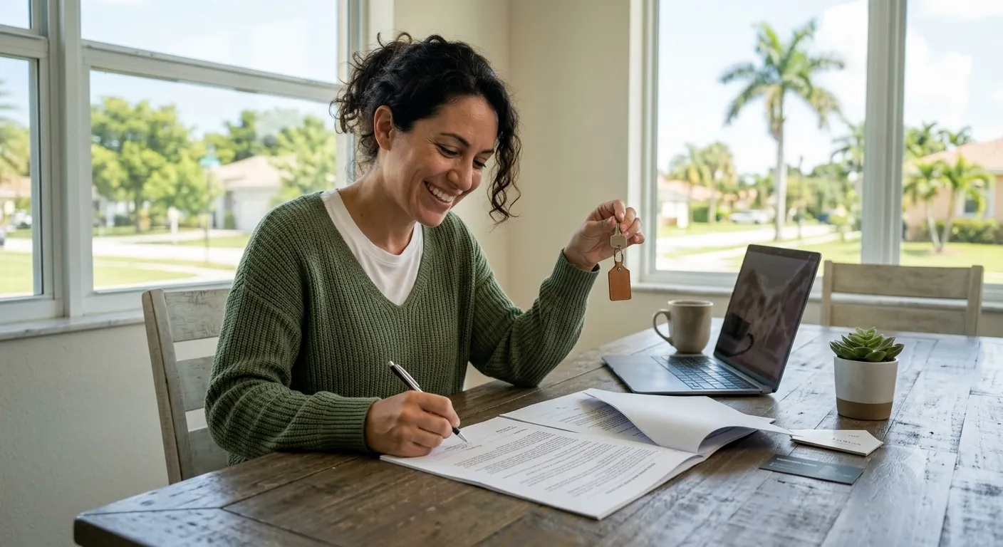 Mujer sonriente en el comedor de su casa en Florida firmando documentos de hipoteca con las llaves en la mano, junto a una laptop y una taza de café sobre la mesa de madera