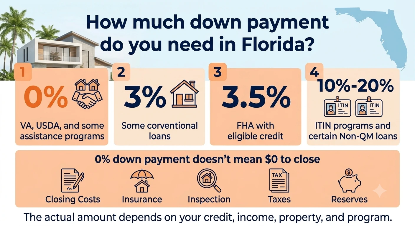Infographic: how much down payment you need in Florida — 0% with VA, USDA, and some assistance programs; 3% on some conventional loans; 3.5% on FHA with eligible credit; 10%–20% on ITIN and Non-QM programs. 0% down doesn't mean $0 to close: closing costs, insurance, inspection, taxes, and reserves