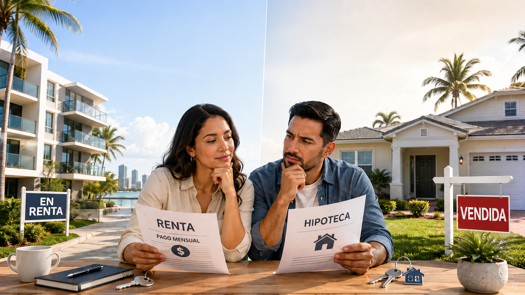 Hispanic couple in South Florida weighing a rent flyer against a mortgage flyer, between a 'For Rent' apartment building and a house with a 'Sold' sign
